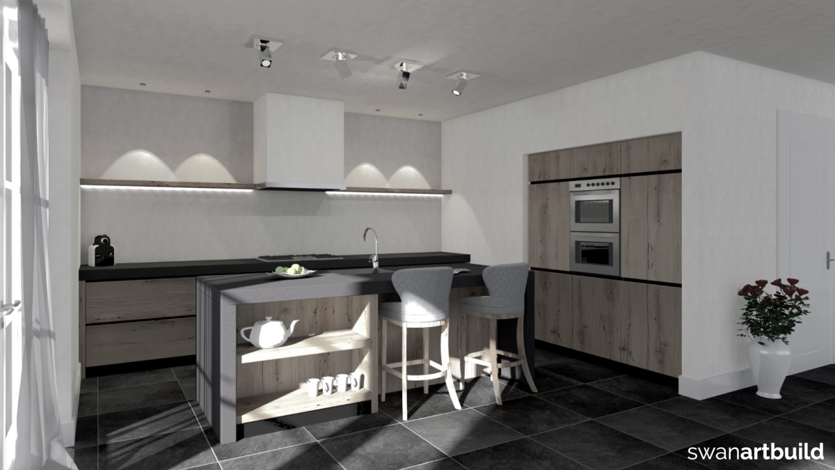 Ontwerp eikenhouten keuken t.b.v. nieuwbouw woonhuis Tuitjenhorn